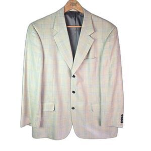 Tom James Innocenti Oro Mens Sport Coat 40R Pale Yellow Blue Plaid Tailored